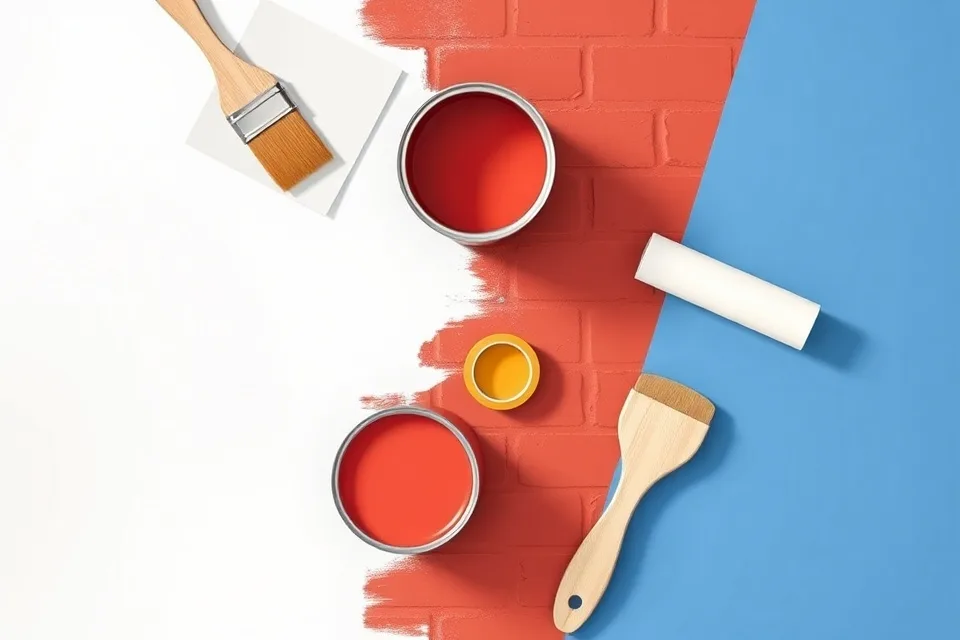 Pots de peinture, nuancier, brosses et rouleaux disposés à plat