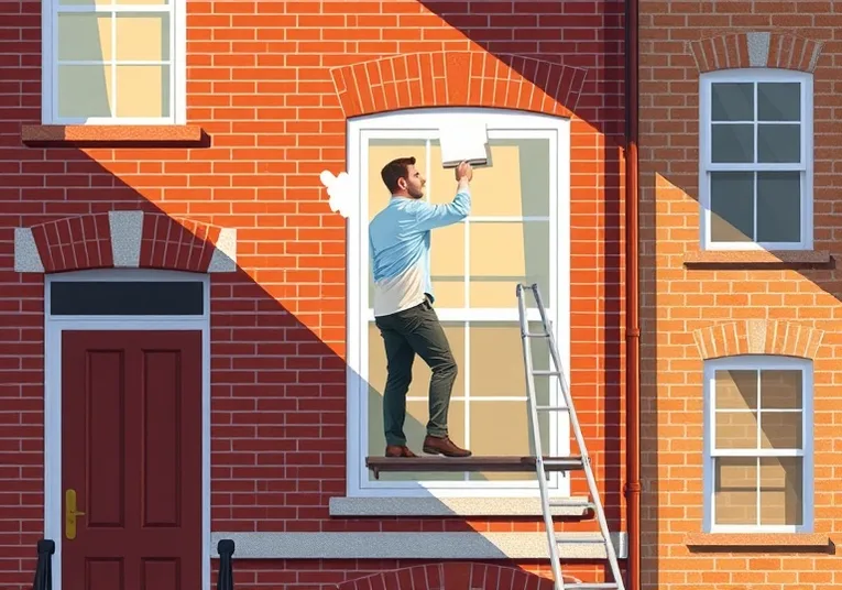 Peintre sur échafaudage traitant la façade d'une maison